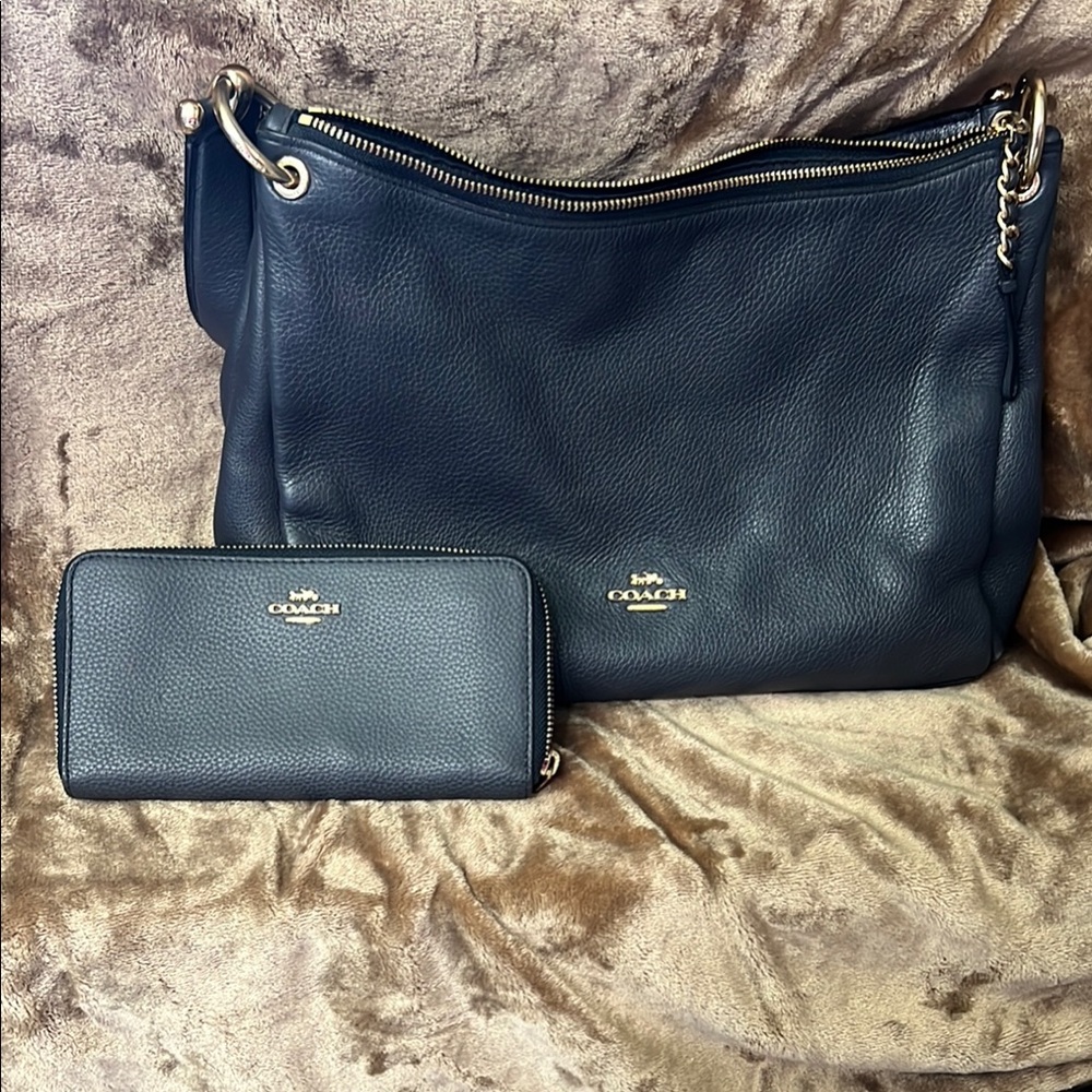 Coach Navy Leather Bag and Matching Wallet with Signature Gold Hardware